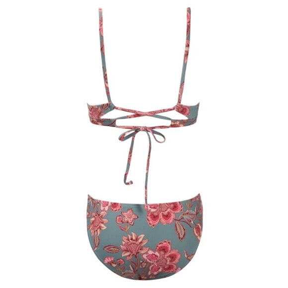 Cupshe Women Floral Bikini Small Gray Red Two-Piece V-Neck Crossback Tie Cheeky - Picture 5 of 9
